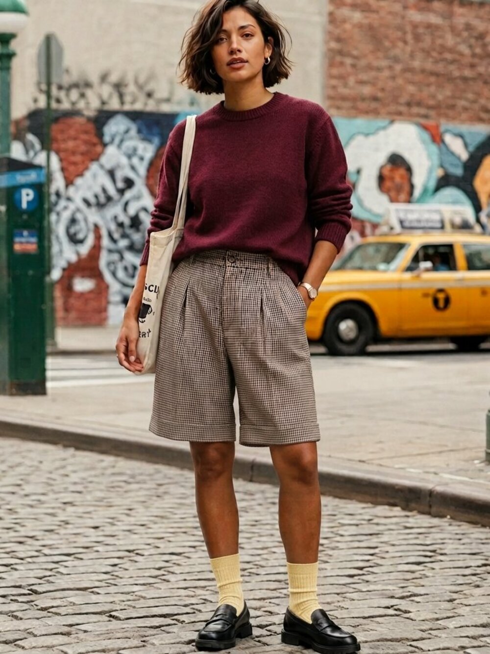 Vintage 90s Houndstooth Plaid Bermuda Shorts All Cotton Pleated Cuffed 27
